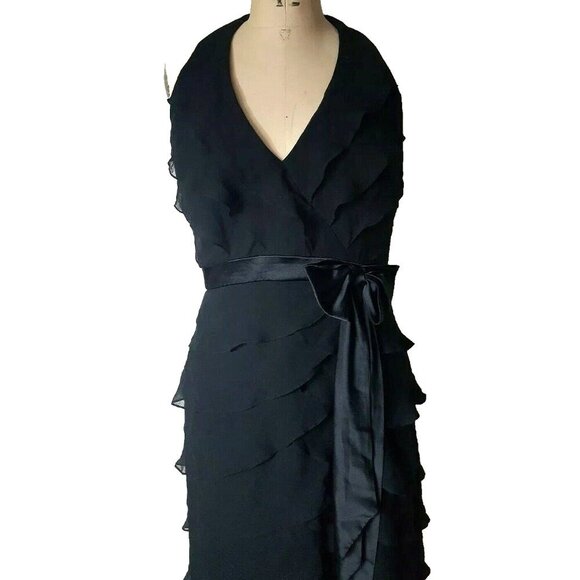 TADASHI Shoji vintage silk maxi black tiered ruffle halter cocktail dress gown - Picture 2 of 12
